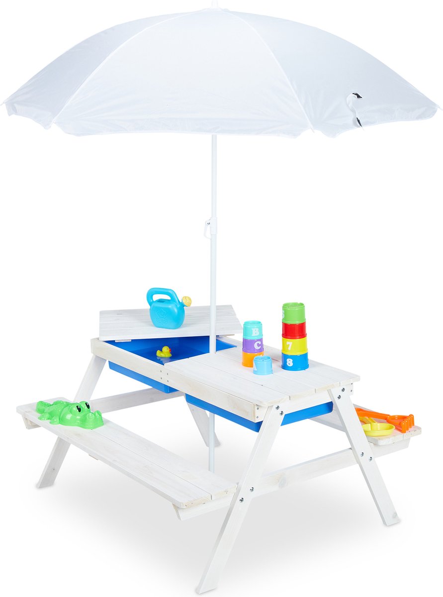 Relaxdays kinderpicknicktafel met parasol - houten speeltafel tuin - zand- en watertafel