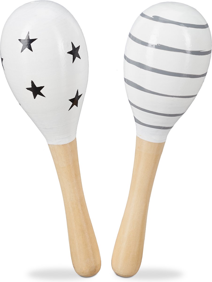 Relaxdays sambabal voor kinderen - set van 2 - maracas - hout - rammelaar - wit