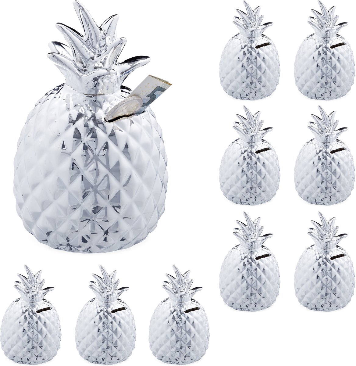 relaxdays 10 x Spaarpot ananas - spaarvarken - zilver - afsluitbare spaarpot - met slot