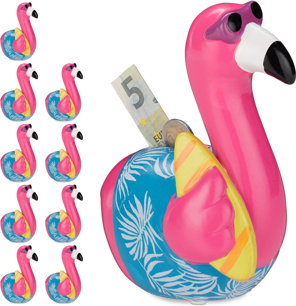 relaxdays 10 x Spaarpot flamingo - spaarvarken - reis spaarpot - roze - slot