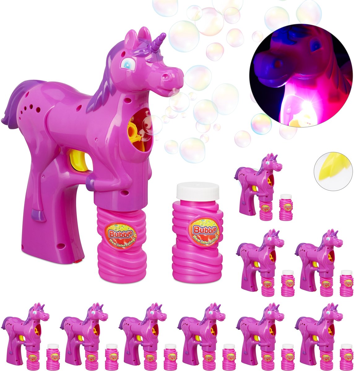 relaxdays 10 x bellenblaas pistool eenhoorn - LED - bellenblaasmachine - unicorn - roze