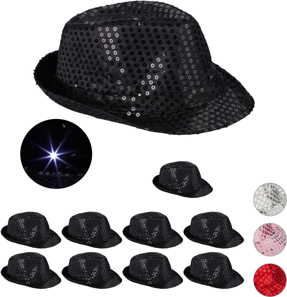 relaxdays 10 x paillette hoed - feesthoed glitter - partyhoed LED - fedora hoed - zwart