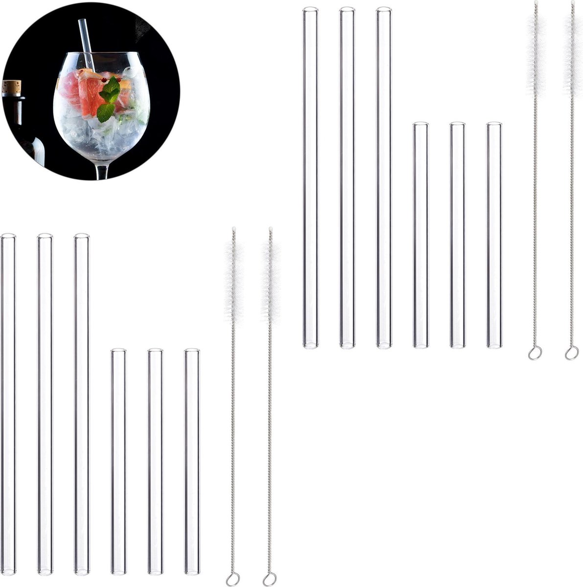 relaxdays 12x glazen rietjes - schoonmaakborstels - herbruikbaar – drinkrietjes 15   23 cm