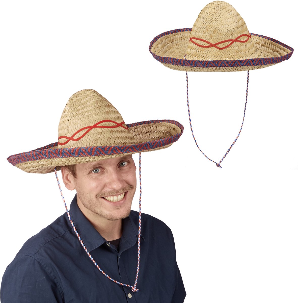 relaxdays 2 x Sombrero naturel - gevlochten strohoed - Mexicaanse hoed - carnaval – beige