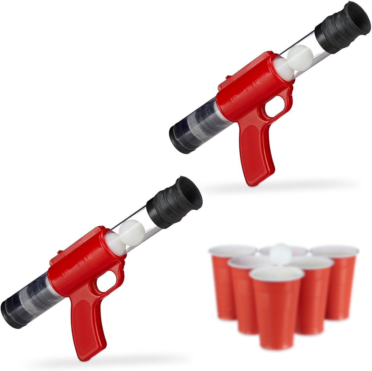 relaxdays 2 x ballen pistool - luchtdruk - beerpong shooter - met ballen - indoor outdoor