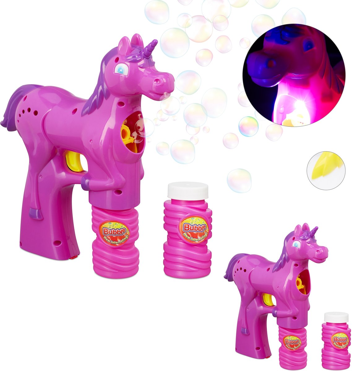 relaxdays 2 x bellenblaas pistool eenhoorn - LED - bellenblaasmachine - unicorn - roze