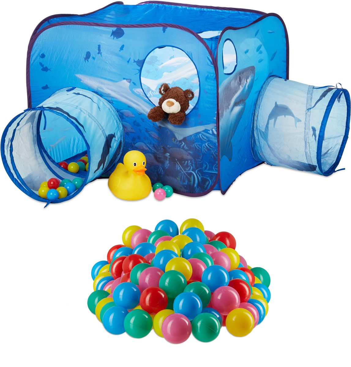 relaxdays 201-delige ballenbak set - speeltent haai - 200 ballen tunnel pop-up kindertent