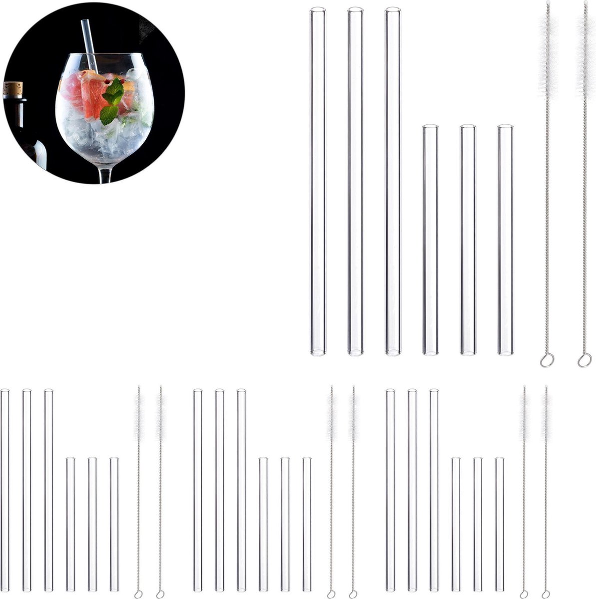 relaxdays 24x glazen rietjes - schoonmaakborstels - herbruikbaar – drinkrietjes 15   23 cm