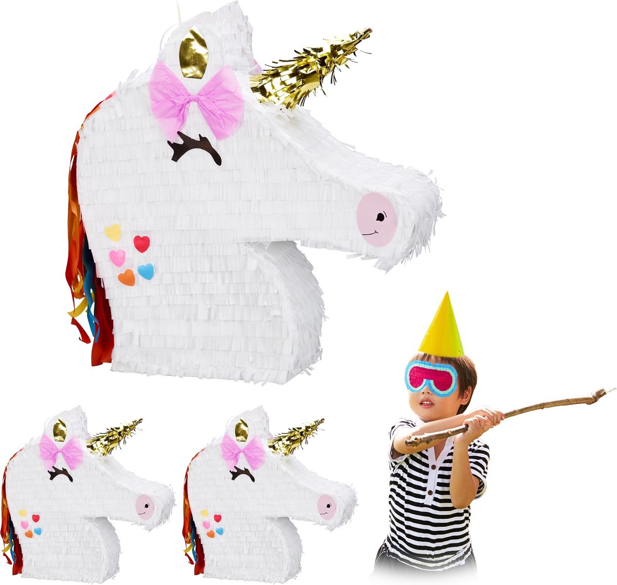 relaxdays 3 x pinata eenhoorn - Unicorn piñata van papier - zonder vulling – feestspel