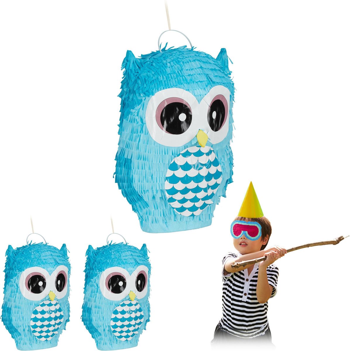 relaxdays 3x pinata uil - jongen - blauw - verjaardag - babyshower - feestartikel - piñata