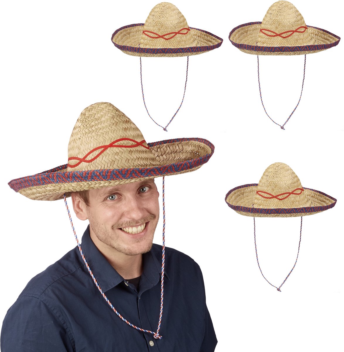 relaxdays 4 x Sombrero naturel - gevlochten strohoed - Mexicaanse hoed - carnaval – beige