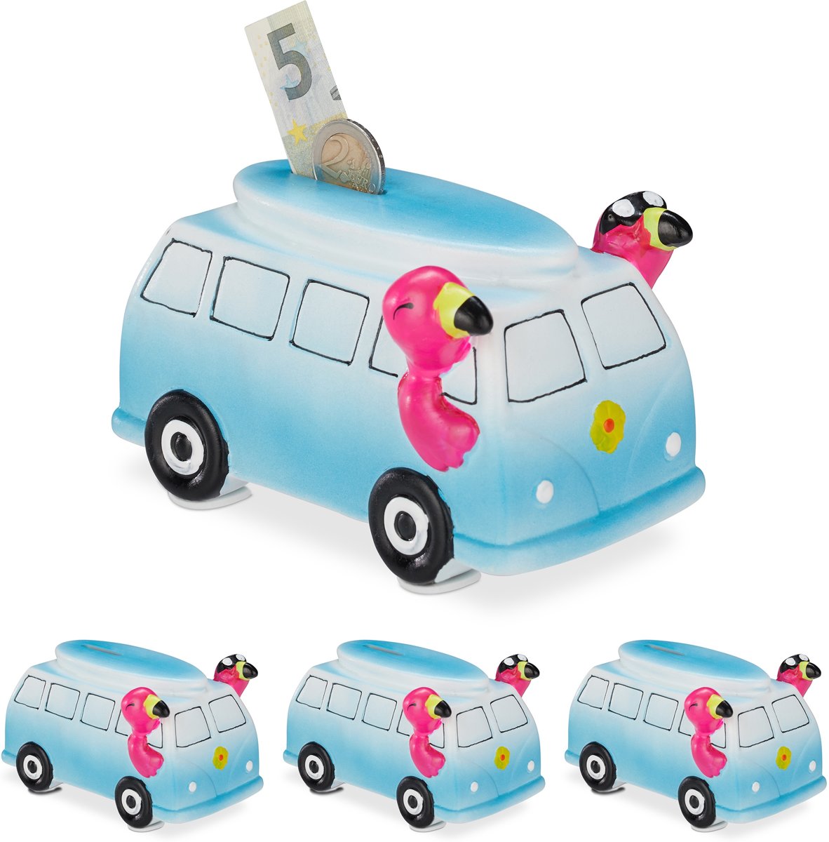 relaxdays 4 x Spaarpot bus - flamingo - roze - spaarvarken - reis spaarpot - slot