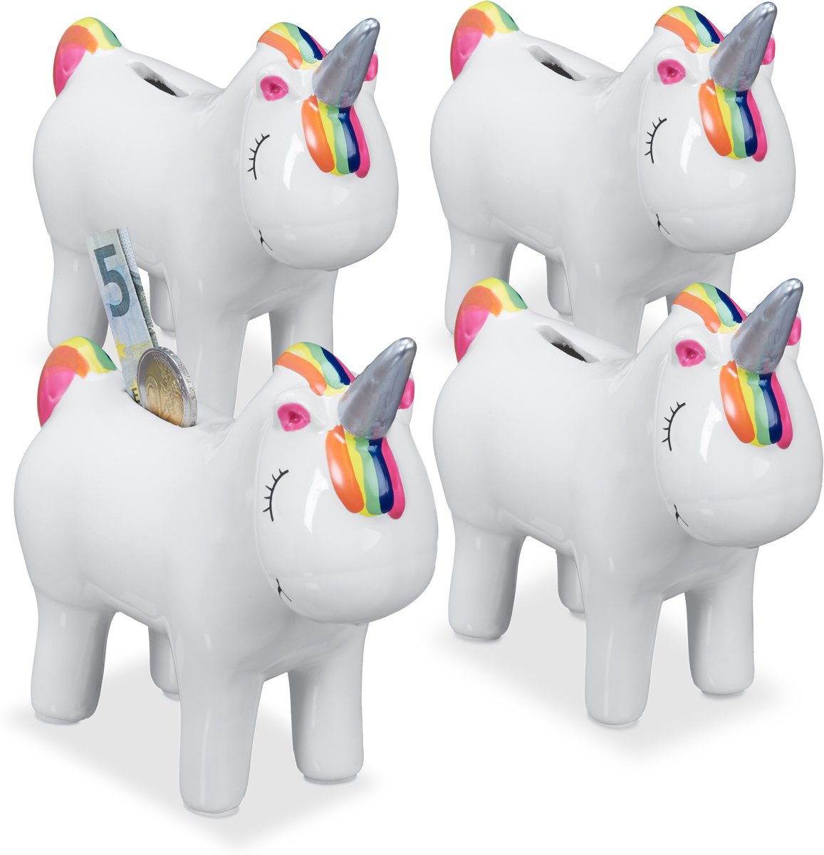 relaxdays 4 x Spaarpot eenhoorn - wit - dromende unicorn - decoratie - spaarvarken