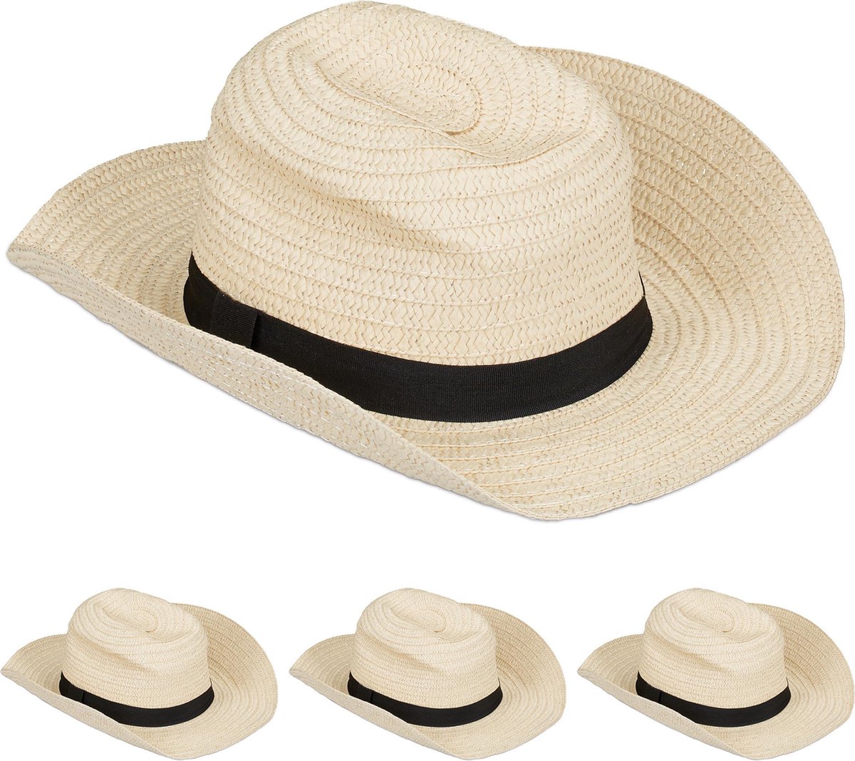 relaxdays 4 x panamahoed - strohoed vrouwen - fedora hoed - stro hoed heren – beige