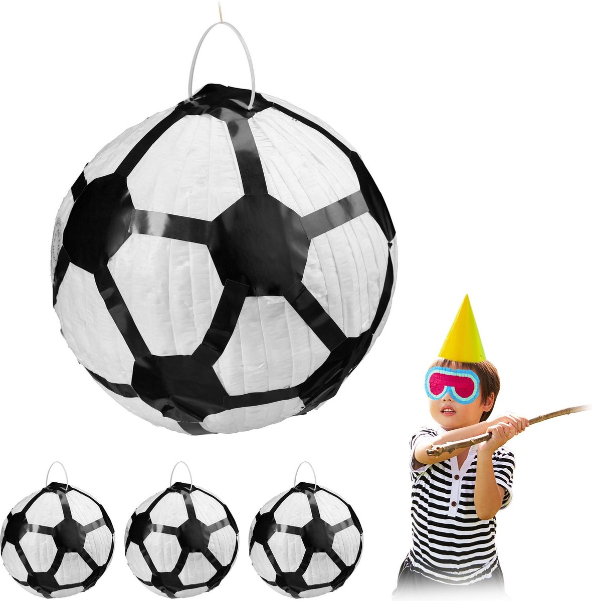 relaxdays 4 x pinata voetbal - piñata zonder vulling - voetbal pinata - rond - zwart-wit