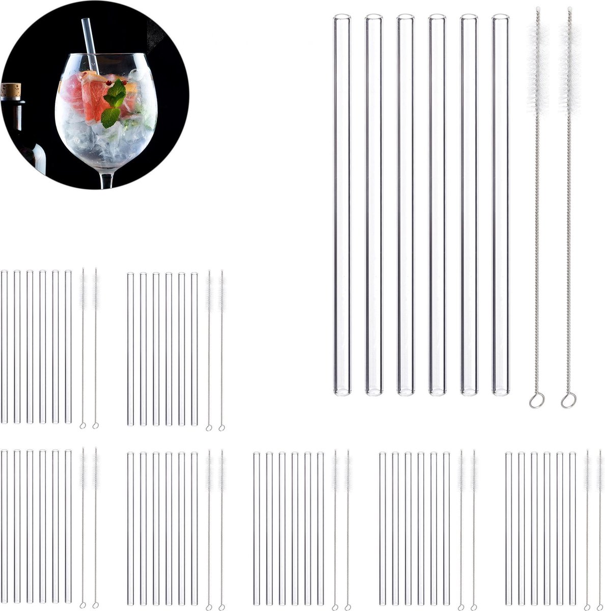 relaxdays 48 x glazen rietjes - met schoonmaakborstels - herbruikbaar – drinkrietjes recht