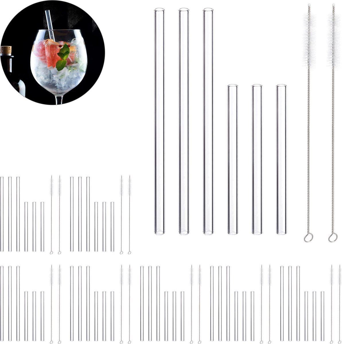 relaxdays 48x glazen rietjes - schoonmaakborstels - herbruikbaar – drinkrietjes 15   23 cm