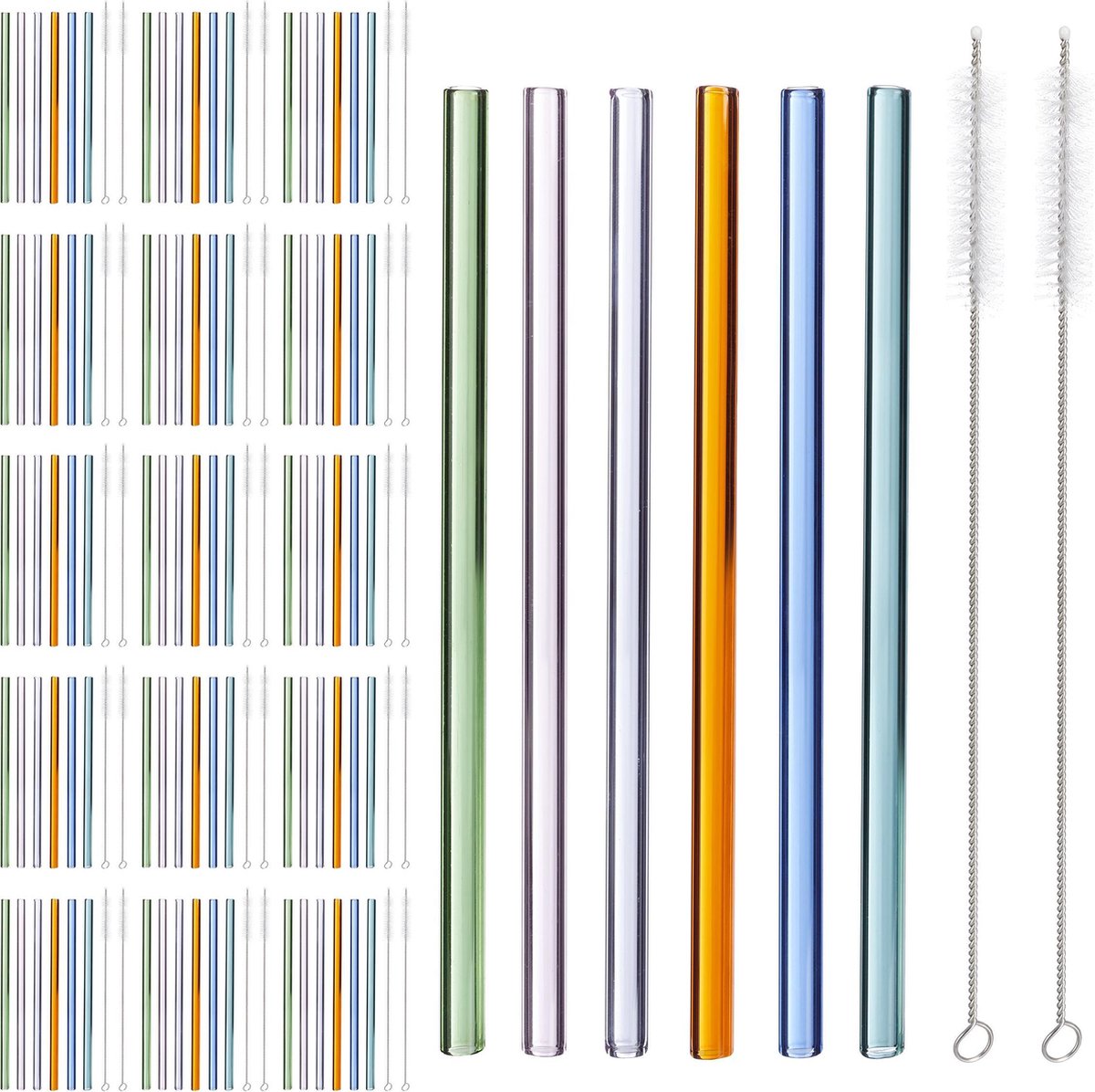 relaxdays 96 x glazen rietjes - met borstels - herbruikbaar - drinkrietjes glas – gekleurd