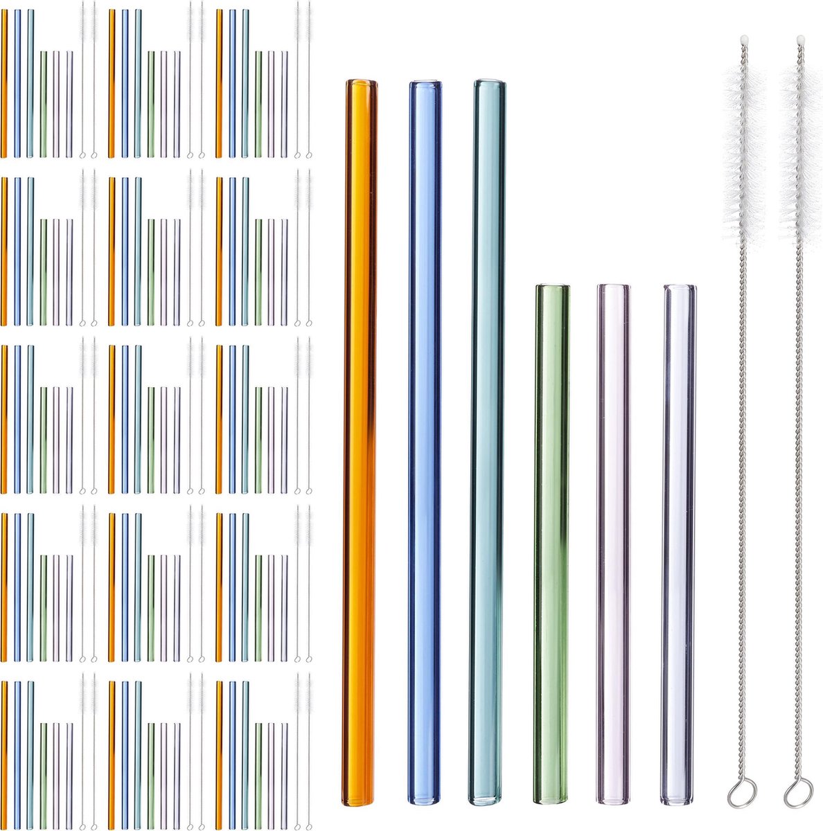 relaxdays 96x glazen rietjes - borstels - herbruikbaar - drinkrietjes – 15, 23 cm gekleurd