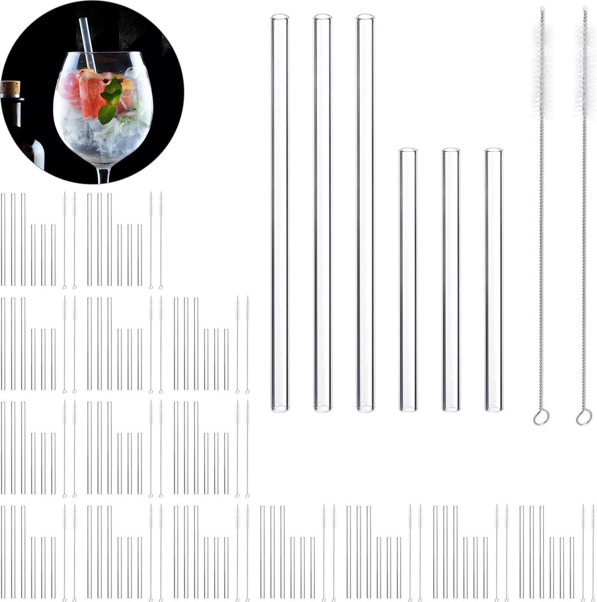 relaxdays 96x glazen rietjes - schoonmaakborstels - herbruikbaar – drinkrietjes 15   23 cm