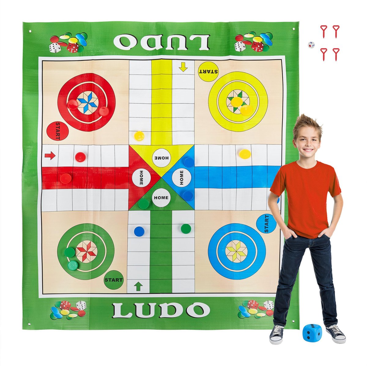 relaxdays Ludo bordspel XXL - paardjesspel - spelletje buiten - 160x180 - tuinspel