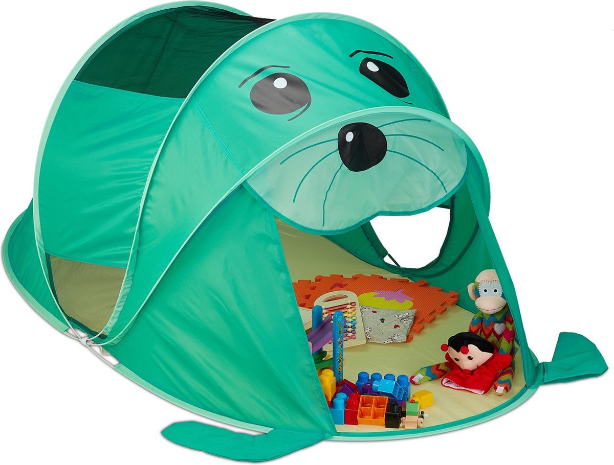 relaxdays Speeltent pop-up - kindertent - tent kinderen - speelgoedtent - zeehond - groen