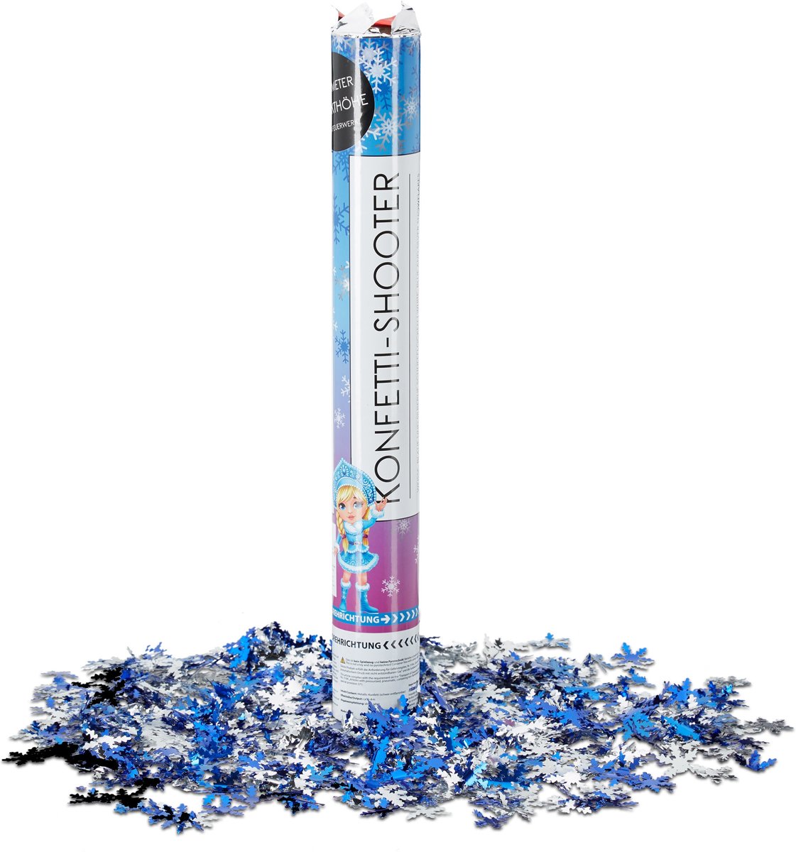 relaxdays confetti kanon sneeuwvlok - 40 cm - feestaccessoires - party popper - shooter