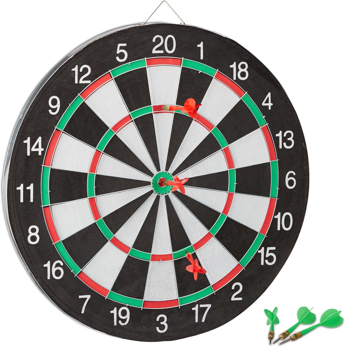 relaxdays dartbord X1 met pijlen - dartboard 43 cm - tweezijdig speelbaar - klassiek