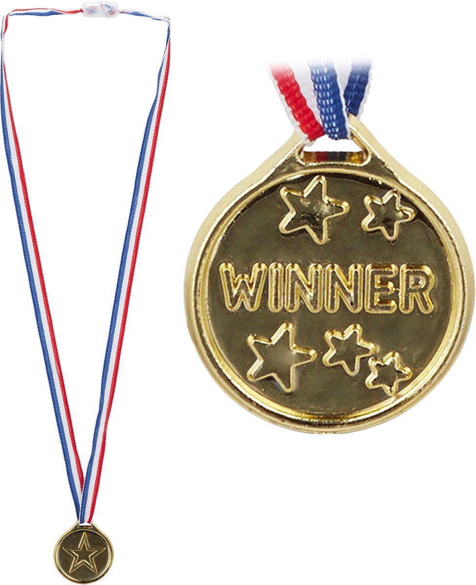 relaxdays gouden medailles kinderen - 24 stuks - plastic medaille - uitdeelcadeau