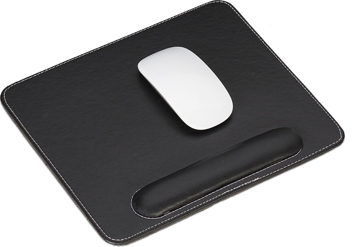 relaxdays muismat - polssteun - ergonomisch - rechthoekig - mousepad - kunstleer - steun zwart