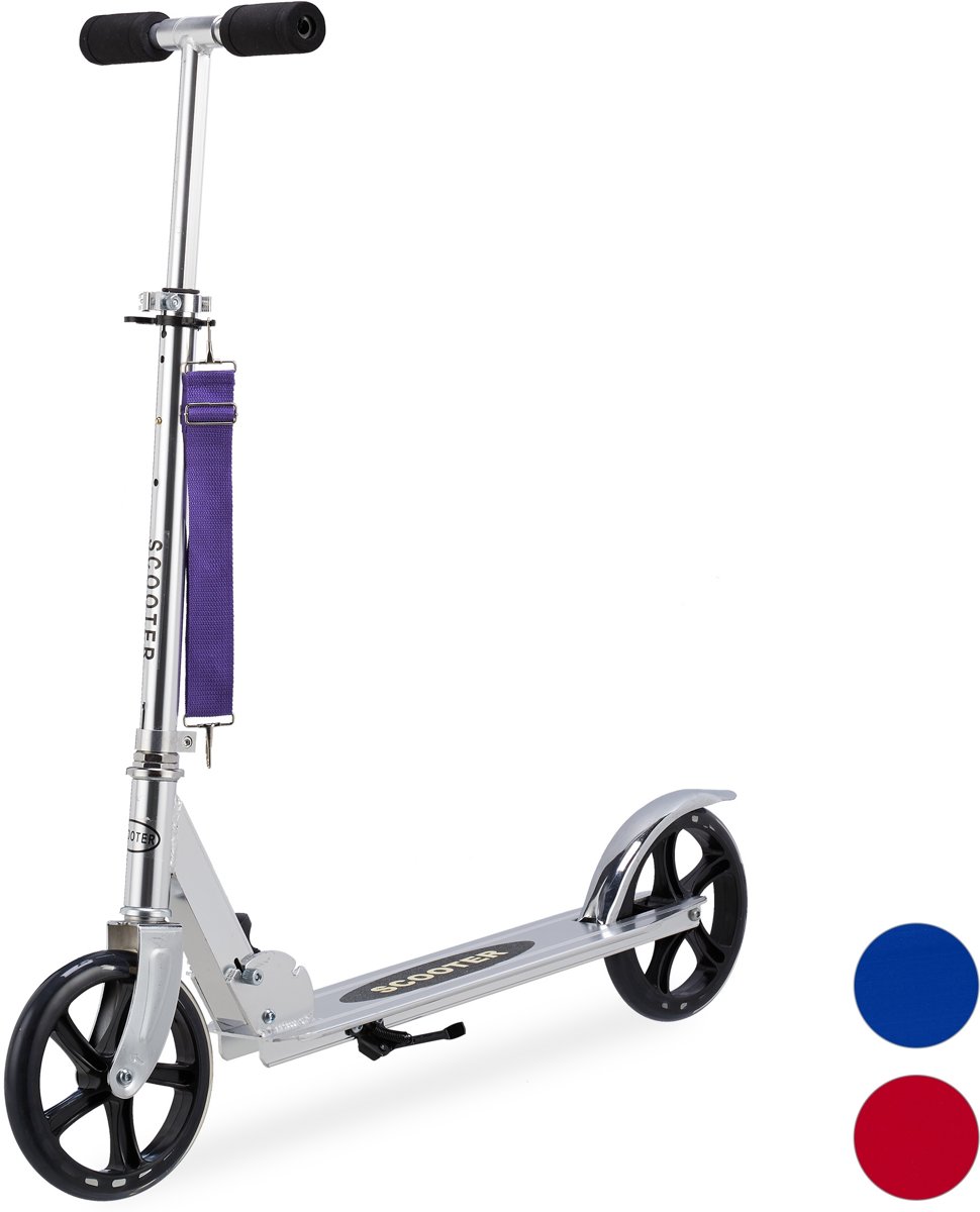 relaxdays step aluminium - scooter - opvouwbaar - met rem en standaard - grote wielen zilver