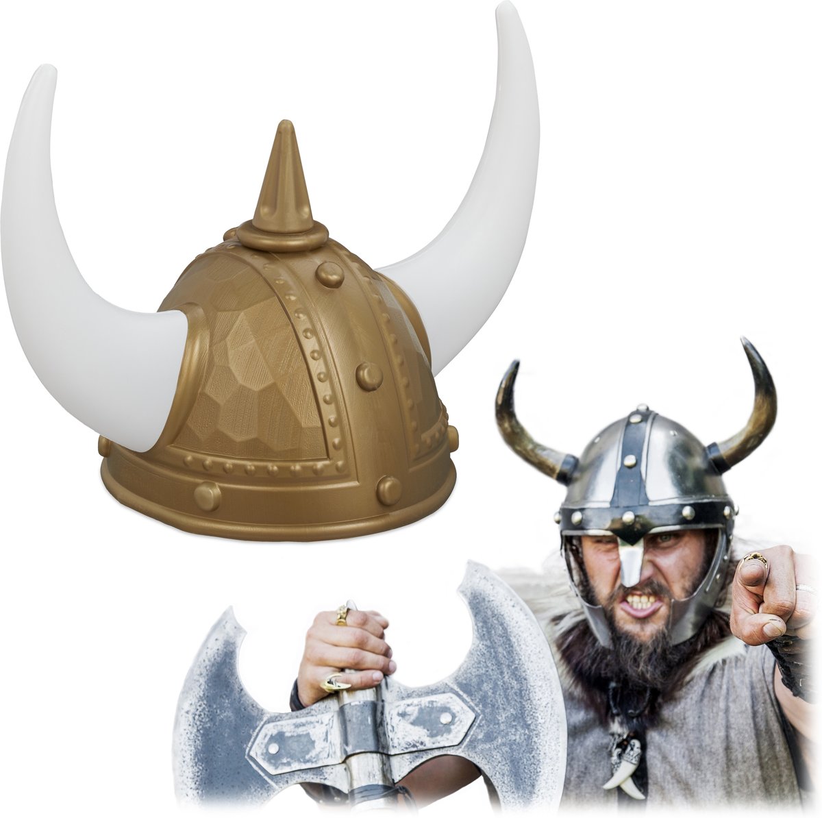 relaxdays viking helm - gallier helm - met horens - hoofddeksel carnaval - goudkleurig