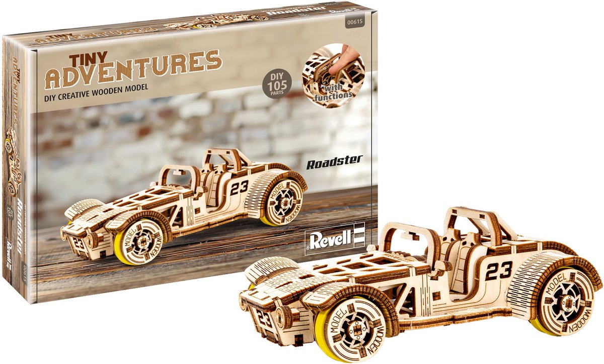   Modelbouwpakket - 00615 Tiny Adventures - Roadster Auto - Functioneel Model Houten - 1:32 -