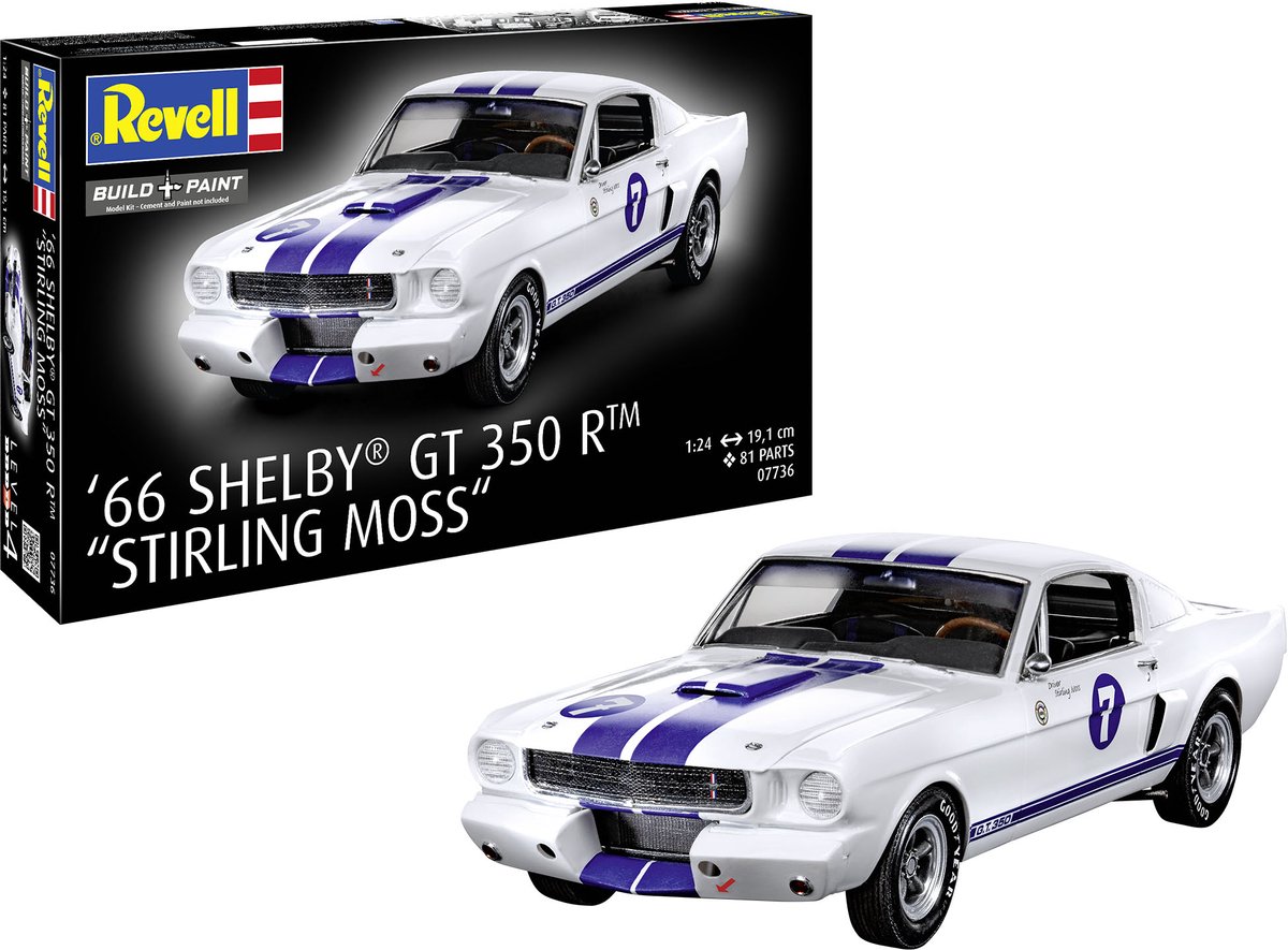   Modelbouwpakket Auto - 07736 Shelby Ford Mustang GT 350 R 1966 - Stirling Moss - Rauto Plastic - 1:24 -
