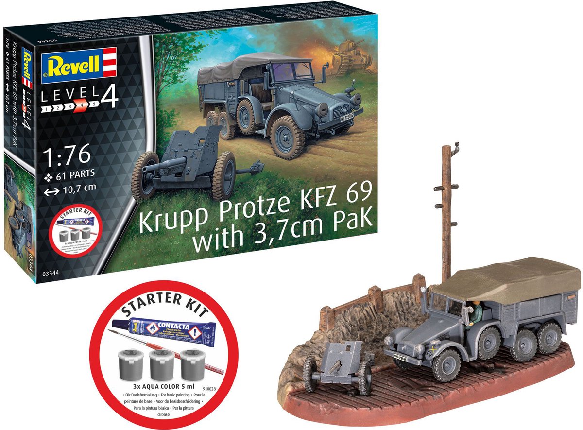   Modelbouwpakket Militaire voertuigen - 73344 Krupp Protze KFZ 69 met 3,7cm Pak - Militair Voertuig - Starter Kit Plastic - 1:76 -