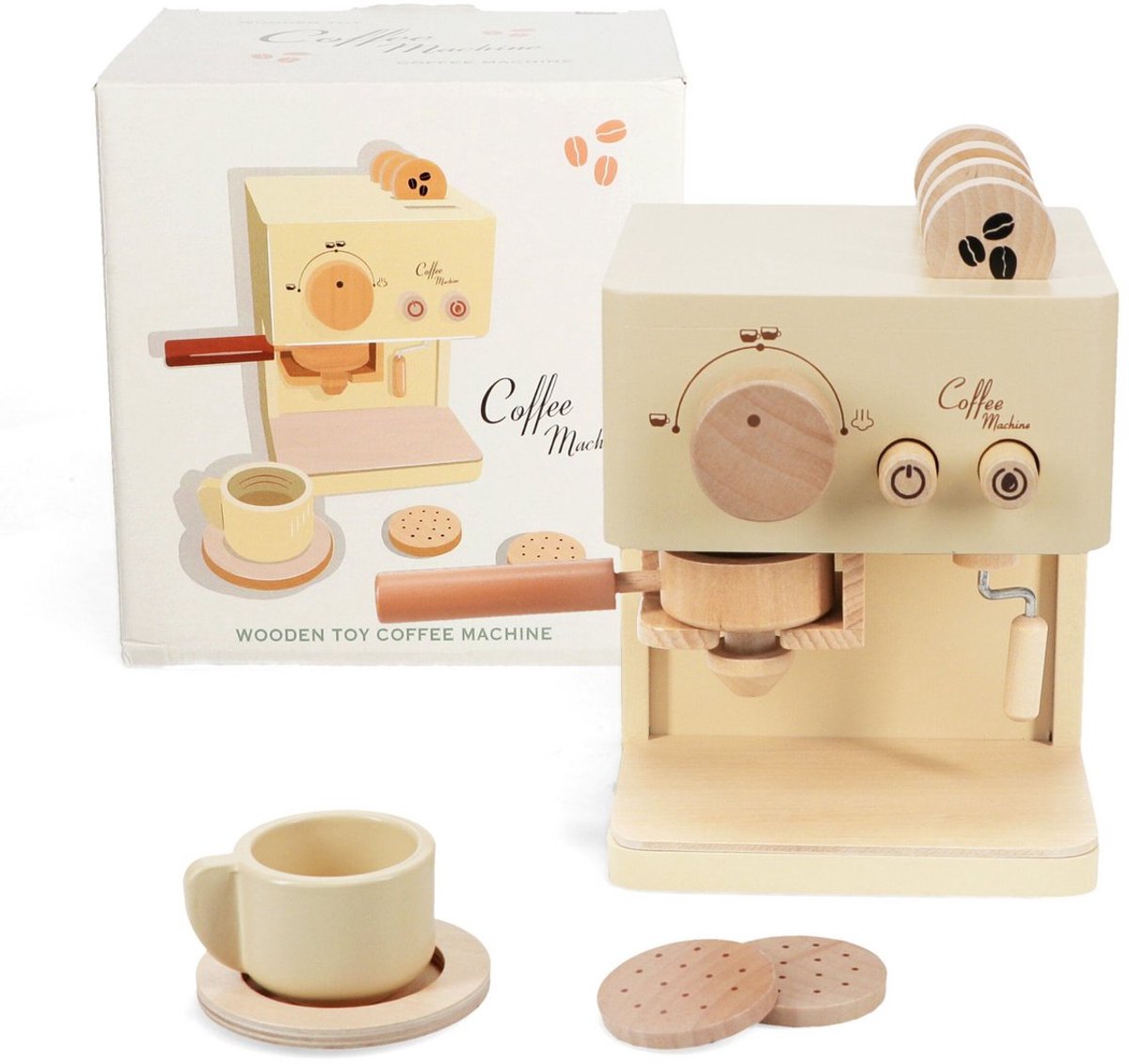 Houten Koffiezetapparaat Speelset – Inclusief Accessoires – Beuken & Berkenhout – Educatief Rollenspel voor Kinderen – Stimuleert Creativiteit & Motoriek – Duurzaam Speelgoed – Vanaf 3 Jaar – CE
