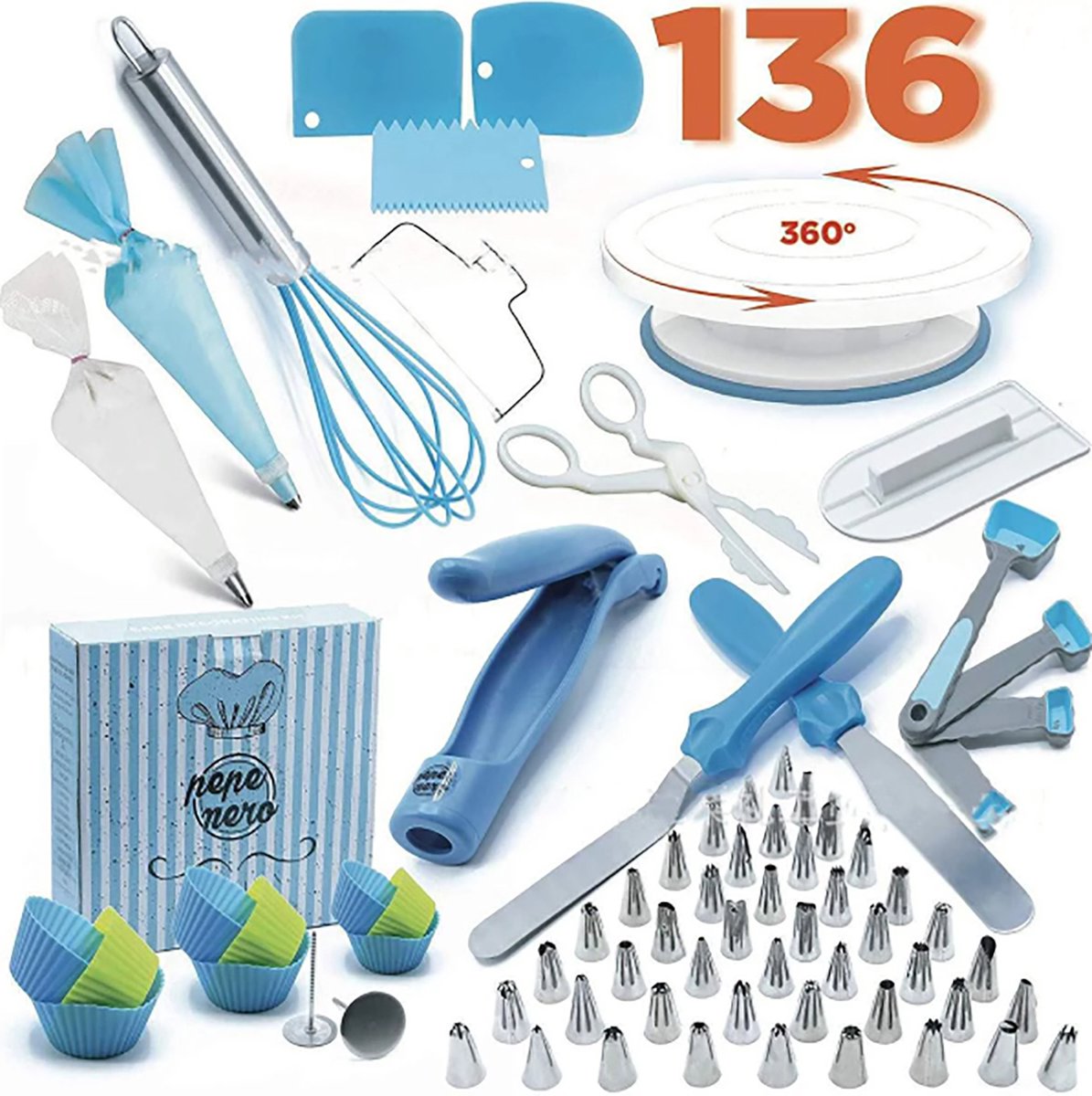 Rhydo® Cake Decoratie Kit - Versiering Set - 136 Delig - Voor Taart, Cake & Cupcake - Met Spuitzakken, Spuitmonden & Draaitafel