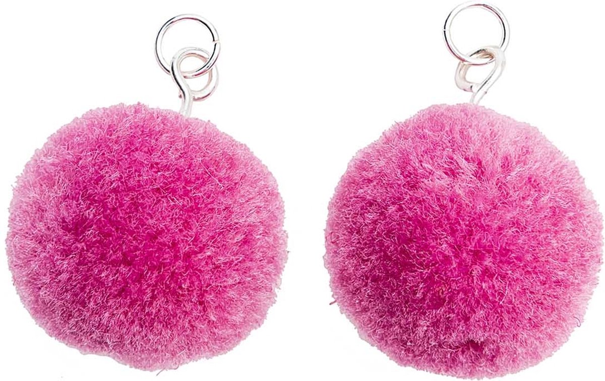 Pompon set 2 stuks voor sieraden of decoratie neon red pink 20mm met zilverkleurig oog