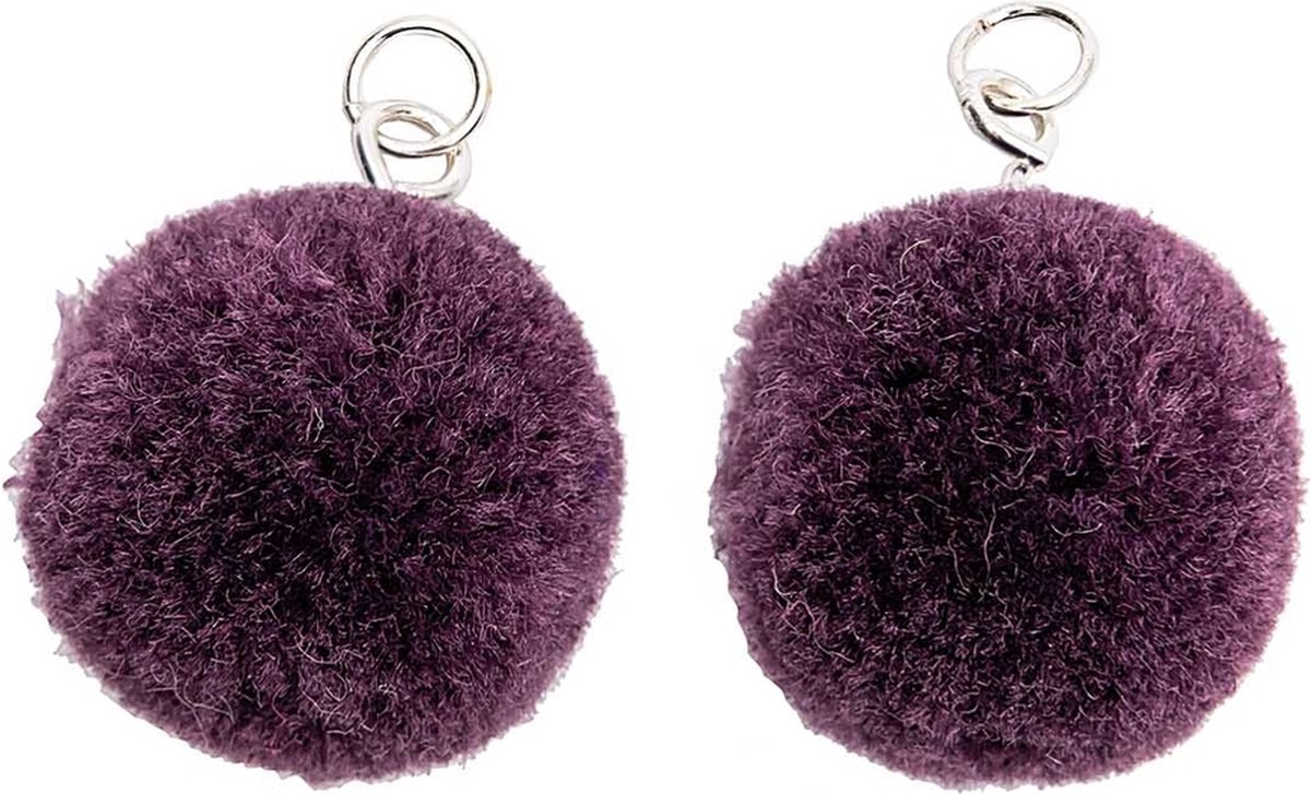 Pompon set 2 stuks voor sieraden of decoratie paars 20mm met zilverkleurig oog