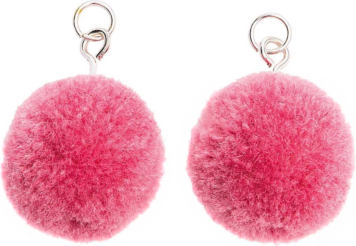 Pompon set 2 stuks voor sieraden of decoratie pink 20mm met zilverkleurig oog