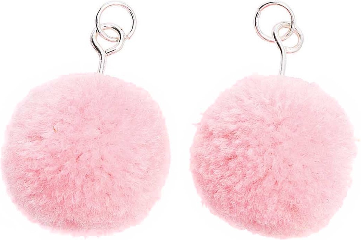 Pompon set 2 stuks voor sieraden of decoratie roze 20mm met zilverkleurig oog