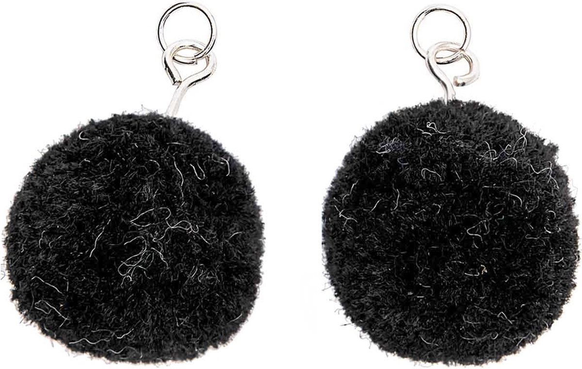 Pompon set 2 stuks voor sieraden of decoratie zwart 20mm met zilverkleurig oog