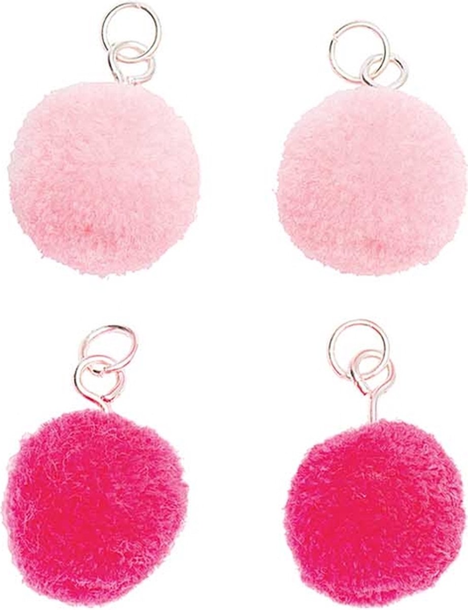 Pompon set 4 stuks voor sieraden of decoratie neon roze mix 15mm met zilverkleurig oog