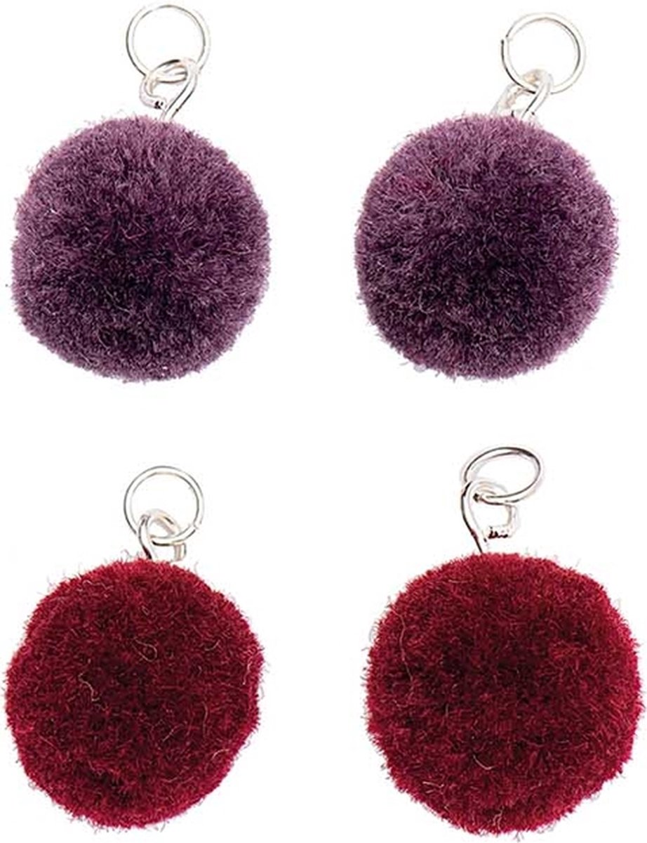 Pompon set 4 stuks voor sieraden of decoratie paars mix 15mm met zilverkleurig oog