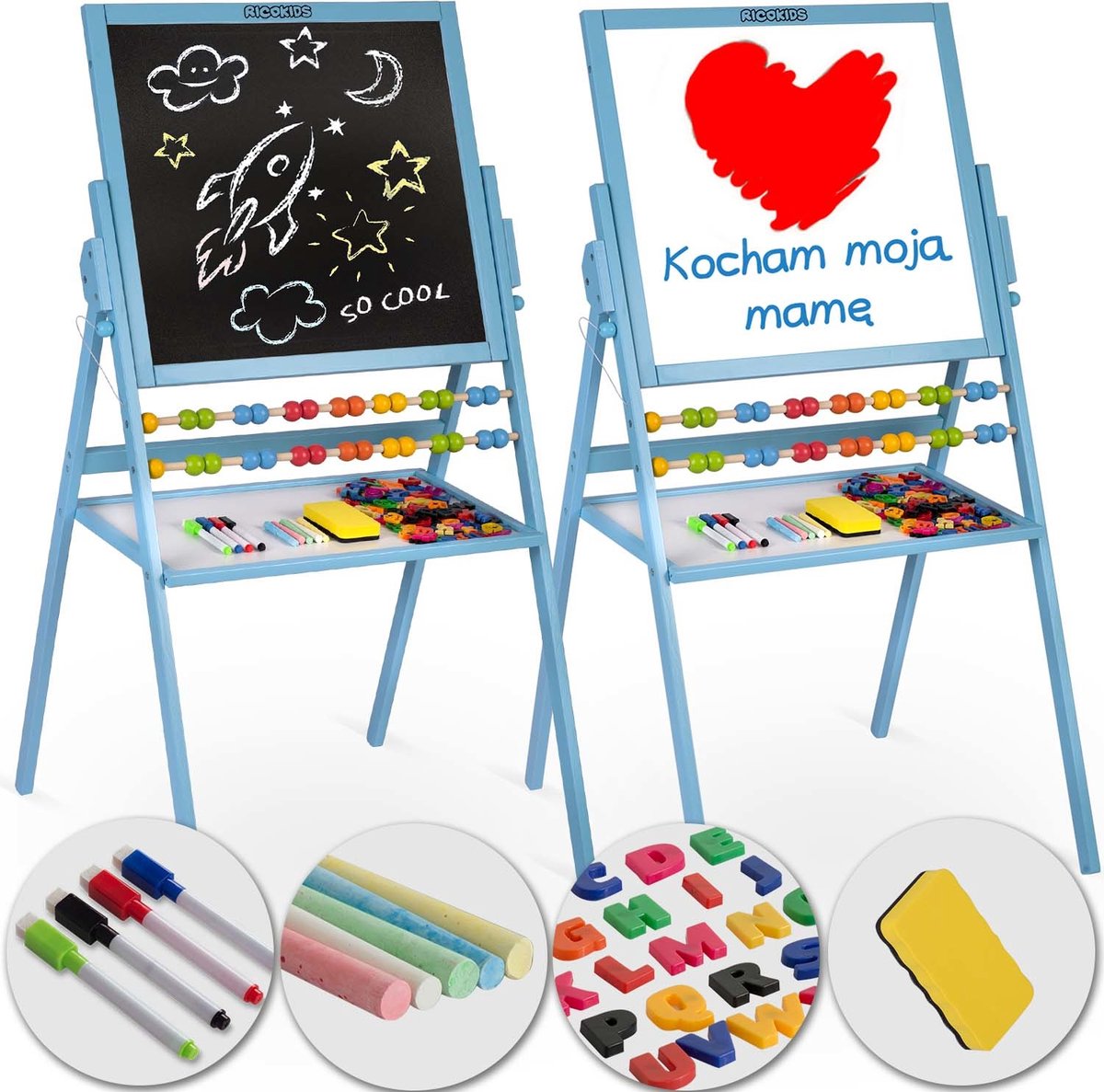 Ricokids - tekenbord magnetisch - met krijtbord - met accessoires - blauw