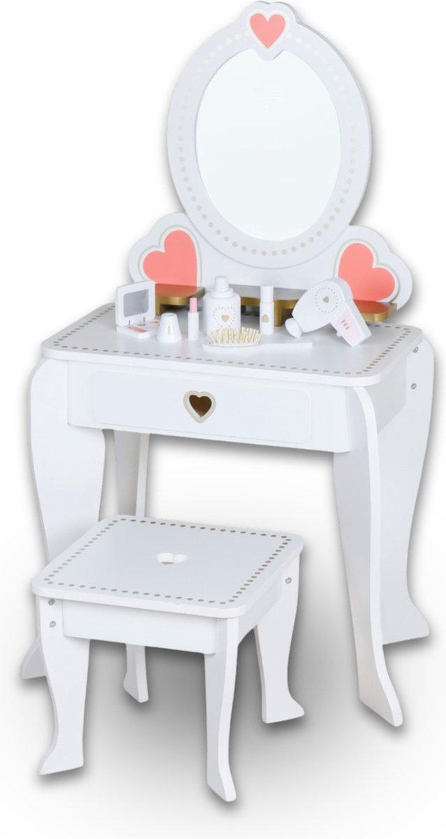   Houten Kaptafel Met Krukje en Spiegel – Make-up Dresser – 49x34x97cm – Wit