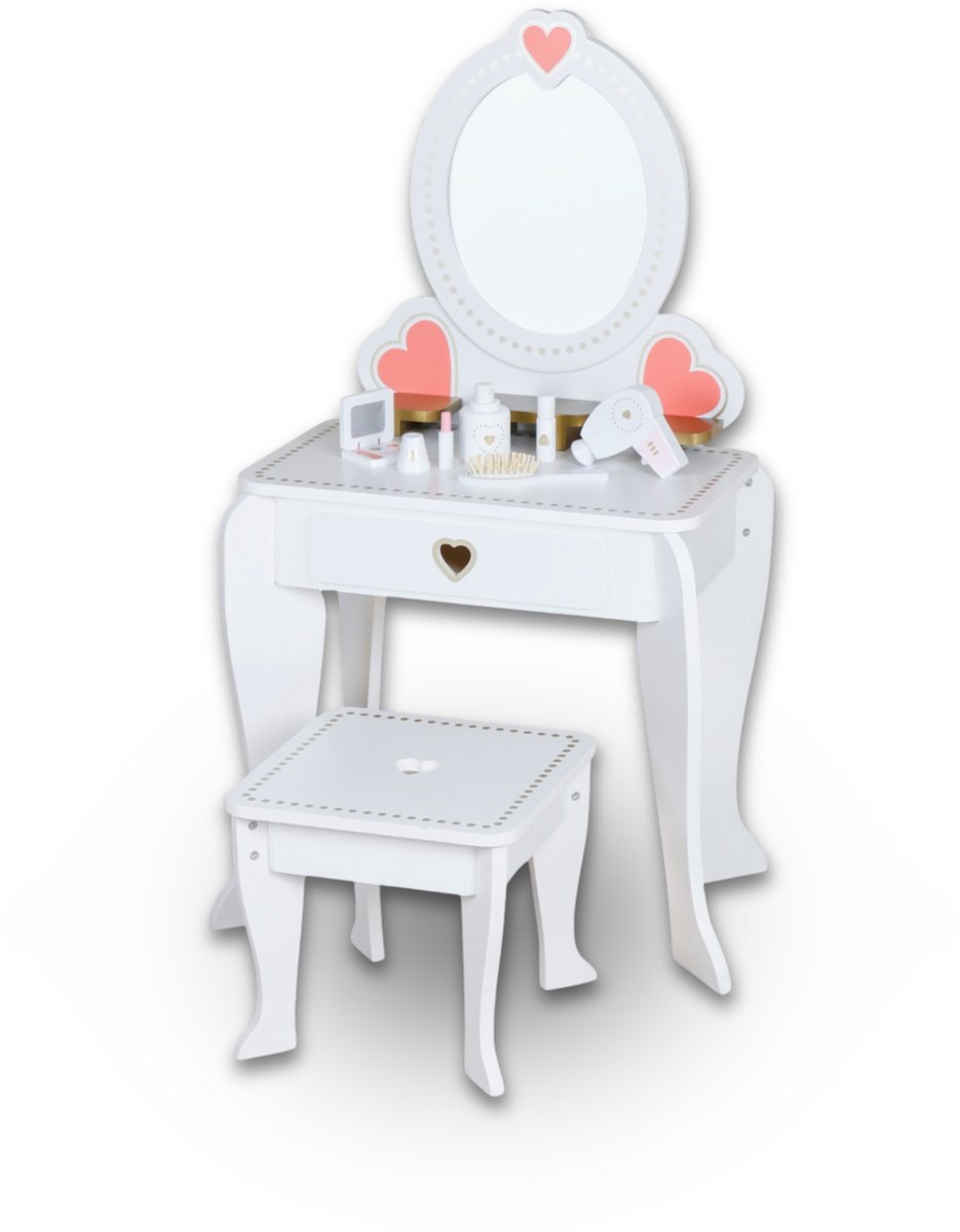   Houten Kaptafel Met Krukje en Spiegel – Make-up Dresser – 49x34x97cm – Wit