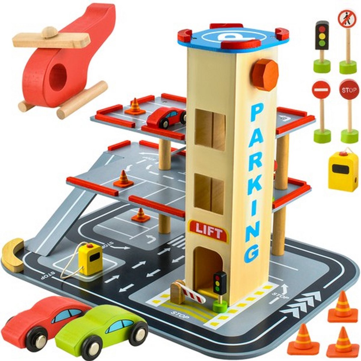   Houten Parkeergarage - Parking met lift - Inclusief accessoires - 48x36x42cm