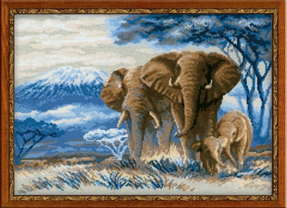 Borduurpakket Elephants in the Savanahh - olifanten om te borduren riolis 1144 met telpatroon