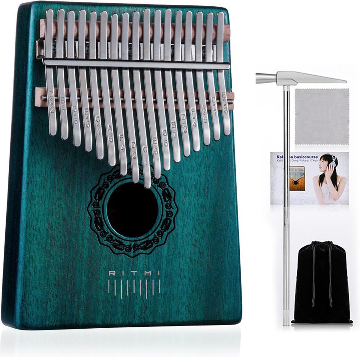 Ritmi Kalimba Set – Duimpiano – Muziekinstrument - Gemaakt van Mahonihout - 17 Tonen – Complete Set Inclusief Accessoires – Leuk Cadeau voor Man / Vrouw en Kind - Blauwgroen